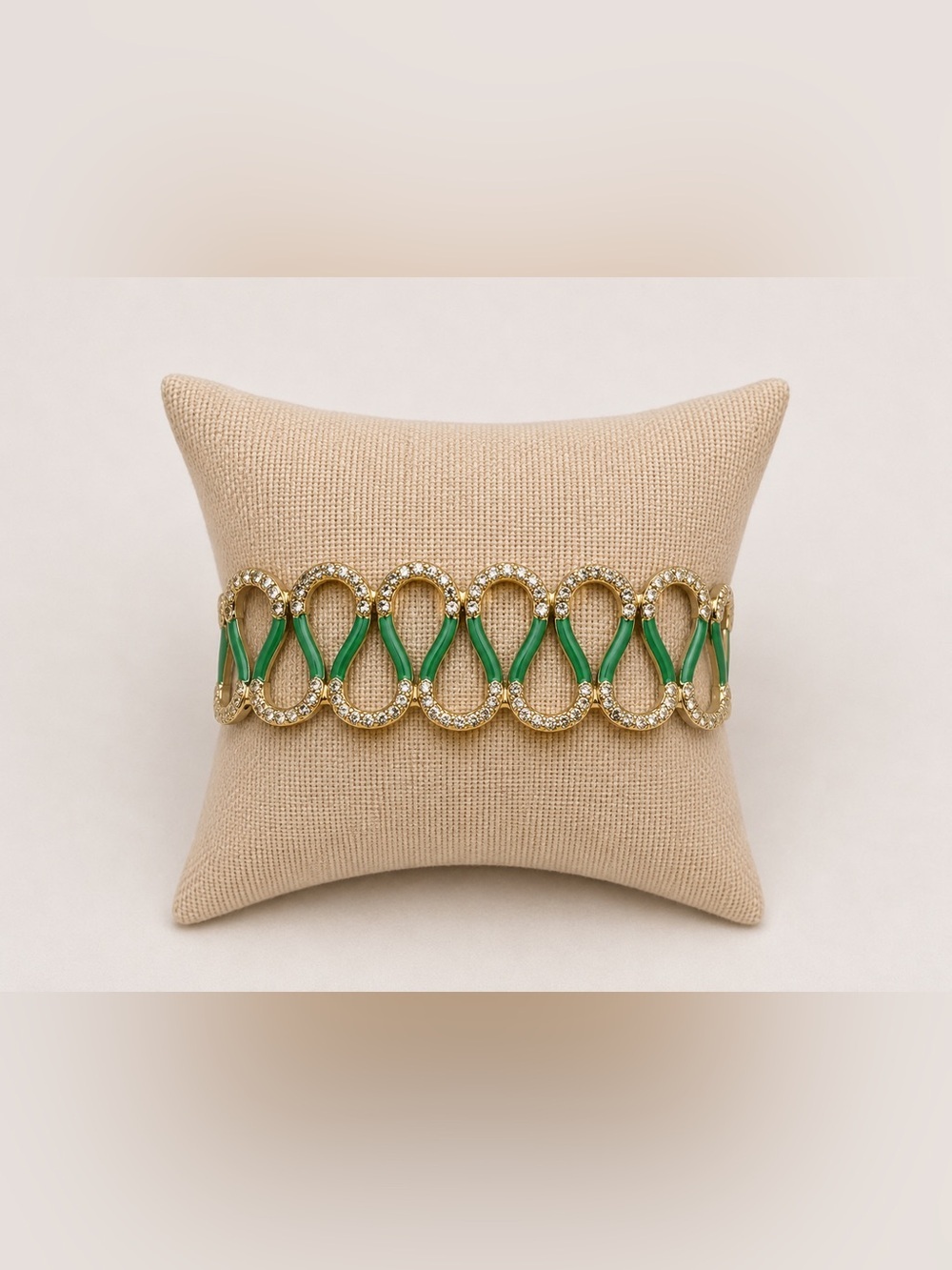 Emerald & Crystal Statement Stretch Bracelet | Gold Tone Openwork Design